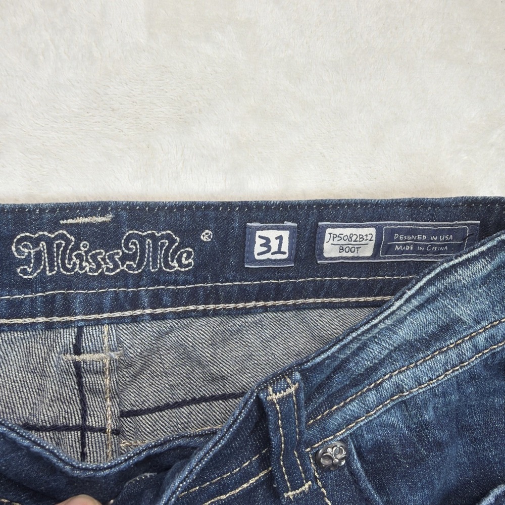 Miss Me Bootcut Jeans Womens 31 Blue Rhinestone Angel Wing Flap Pocket Low Rise - Picture 4 of 10